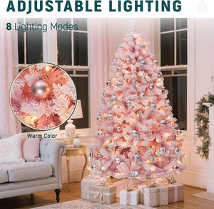 YITAHOME 6/7.5FT Pink Prelit Artificial Christmas Tree with Warm-White Lights, 8 Lighting Modes, with PVC Branch Tips
