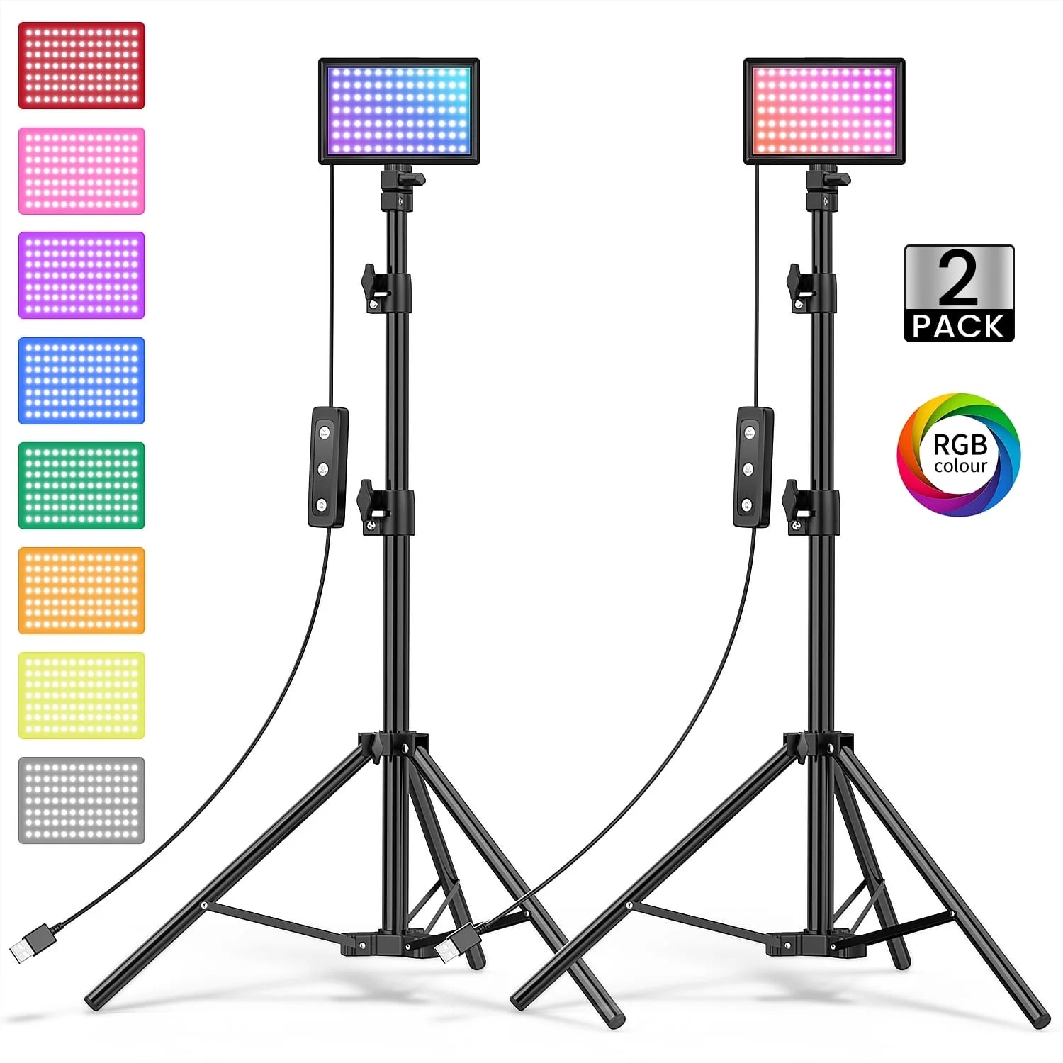 LED Photo Video Light Kit, 2Pcs Remote Control Dimmable USB LED Continuous Light Photography Light with Tripods, 10 Brightness Level and 9 Color Filters for Photo Studios, Youtube, Tiktok