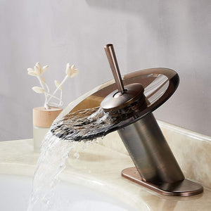 Waterfall Bathroom Sink Faucet Solid Brass Glass One Handle Single Hole Basin Vanity Bathroom Faucet, Short, Blue+Chrome