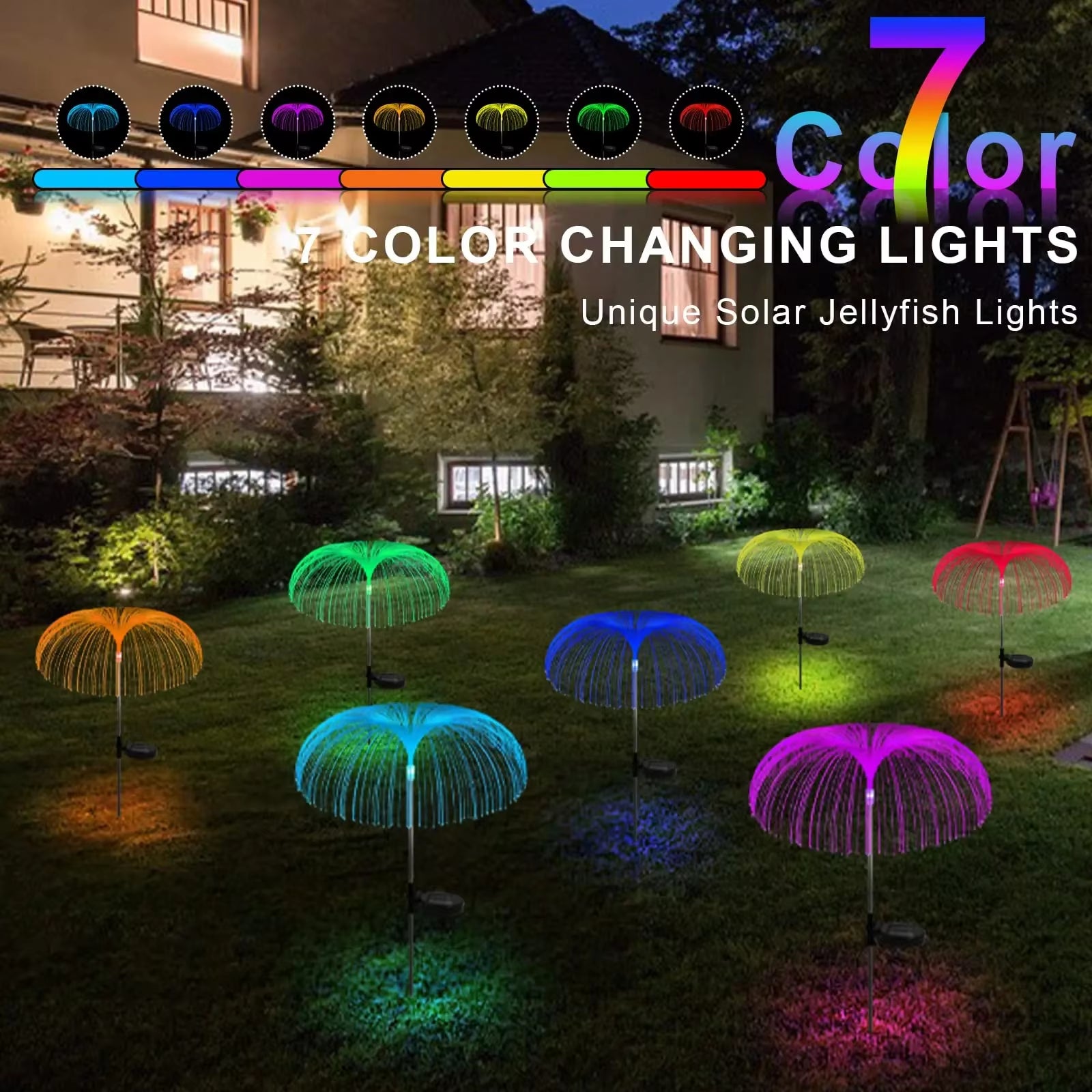 2 Pack Solar Outdoor Garden Lights Waterproof 7 Color Changing Solar Flowers Garden Lights for Yard Walkway Backyard Decorative