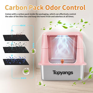 TOPYANGS XL Stainless Steel Cat Litter Box with Lid, 20L Metal Enclosed Litter Box for Big Cat, Flip-Top Design with Anti-Leakage High Sides, Large Cat Lovers Gifts, Pink