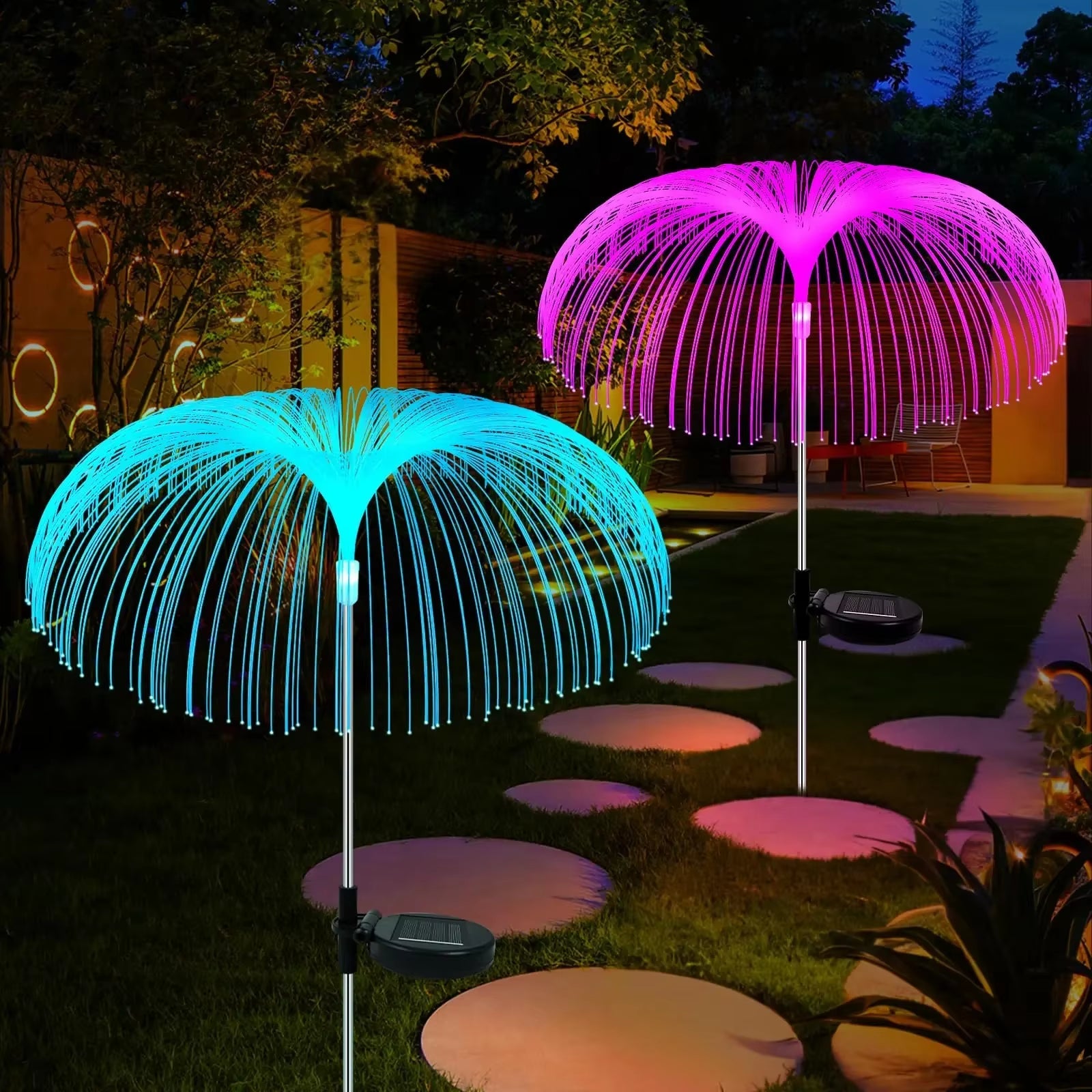 2 Pack Solar Outdoor Garden Lights Waterproof 7 Color Changing Solar Flowers Garden Lights for Yard Walkway Backyard Decorative