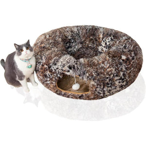 LUCKITTY Warm Fluffy Plush Cat Dog Tunnel Bed with Washable Cushion- Big Tube Playground Toys 3 FT Diameter Collapsible, for Indoor Cat Kitty Kitten Puppy Rabbit Ferret Leopard Print