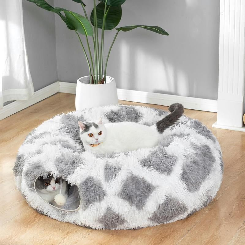 LUCKITTY Warm Fluffy Plush Cat Dog Tunnel Bed with Washable Cushion- Big Tube Playground Toys 3 FT Diameter Collapsible, for Indoor Cat Kitty Kitten Puppy Rabbit Ferret Leopard Print