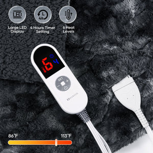 Electric Throw Blanket 50" X 60", Soft Faux Fur Heated Blanket with Large LED Display, 6 Heating Levels, 4 Hours Timer, Tie-Dye Black
