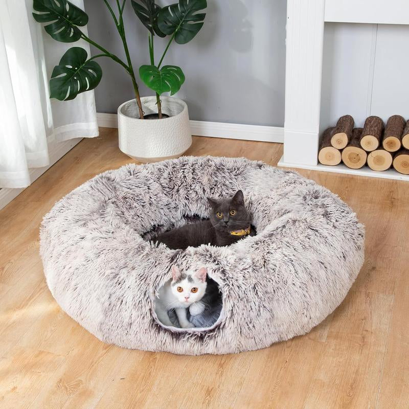 LUCKITTY Warm Fluffy Plush Cat Dog Tunnel Bed with Washable Cushion- Big Tube Playground Toys 3 FT Diameter Collapsible, for Indoor Cat Kitty Kitten Puppy Rabbit Ferret Leopard Print