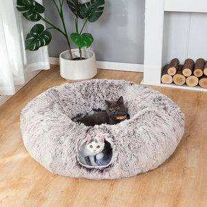 LUCKITTY Warm Fluffy Plush Cat Dog Tunnel Bed with Washable Cushion- Big Tube Playground Toys 3 FT Diameter Collapsible, for Indoor Cat Kitty Kitten Puppy Rabbit Ferret Leopard Print