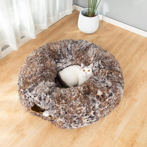LUCKITTY Warm Fluffy Plush Cat Dog Tunnel Bed with Washable Cushion- Big Tube Playground Toys 3 FT Diameter Collapsible, for Indoor Cat Kitty Kitten Puppy Rabbit Ferret Leopard Print