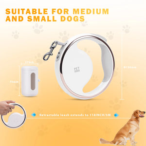 Upgrade 4-In-1 Retractable Dog Leash with LED Light & Dispenser & Poop Bags for Night Walks, 9.8Ft Heavy Duty Dog Leash with Anti-Slip Handle, Tangle-Free for Dog Ups to 60Lbs, White