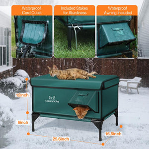 Clawsable Indestructible Heated Cat House for outside Cats Winter, 100% Weatherproof, Safe Escape Door, Insulated Outdoor Cat Shelter with Heater for Feral Barn Cat Kitty