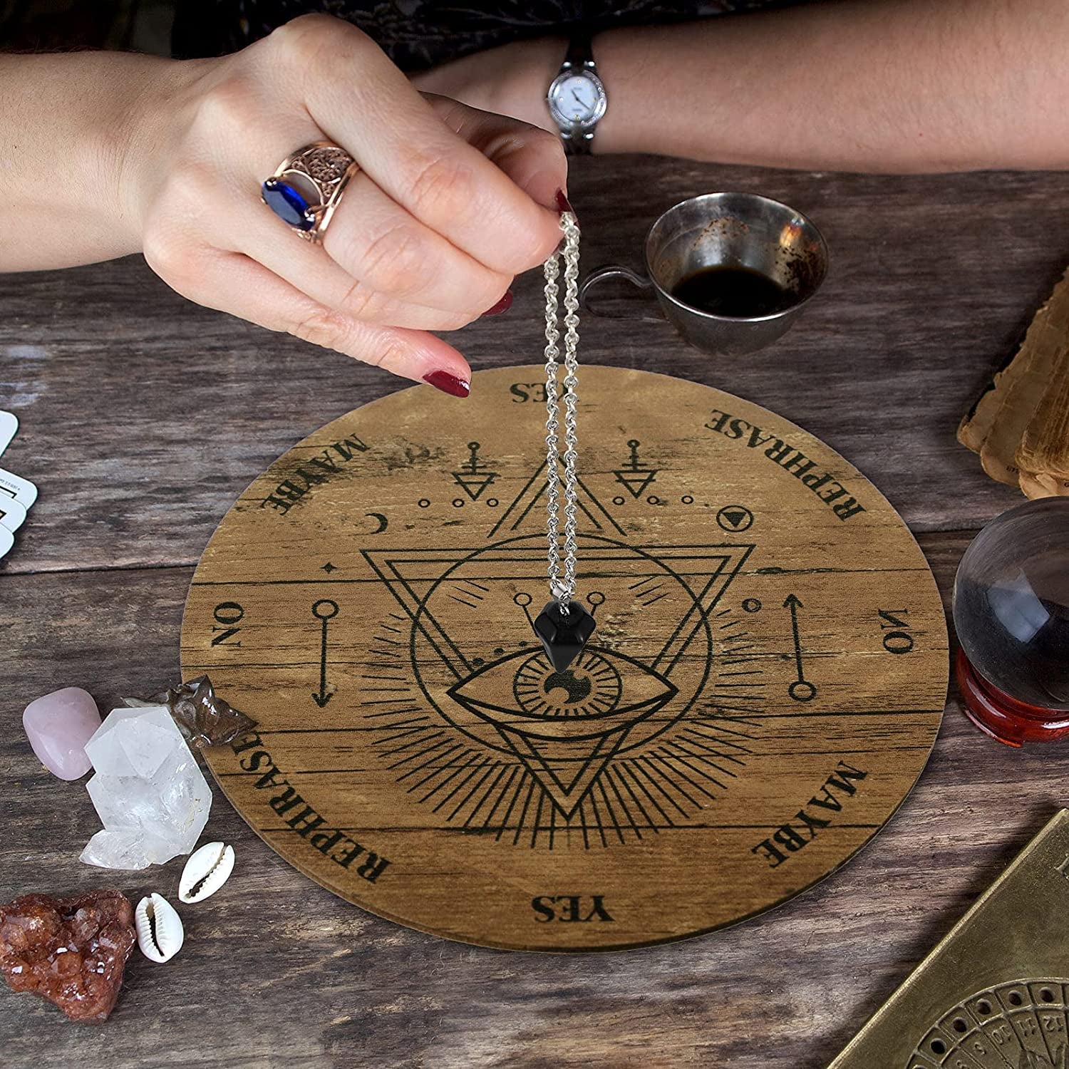 Wooden Pendulum Board Dowsing Divination Pendulum Witchcraft Altar Supplies with Crystal Necklace and Metaphysical Message Board Kit, 3.9 Inch(Wood Color)
