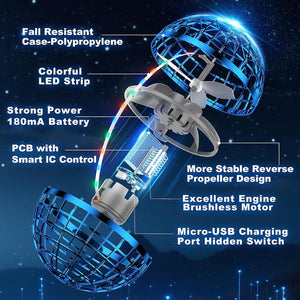 2025 Fly Ball Toy! Cosmic Gyrosphere with Cool LED, like Fidget Spinner, Mini Drone. Outdoor Gift for Children Ages 6-12