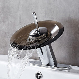 Waterfall Bathroom Sink Faucet Solid Brass Glass One Handle Single Hole Basin Vanity Bathroom Faucet, Short, Blue+Chrome
