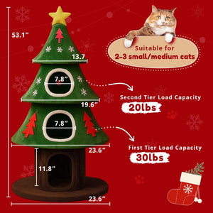 Comhoma 52" Christmas Cat Tree with 2 Cozy Houses,Indoor Modern Cat Tower with Anti-Tip Kit,Plush Perches & Hanging Balls,Holiday Cat Climbing Furniture for Kittens to Play and Sleep