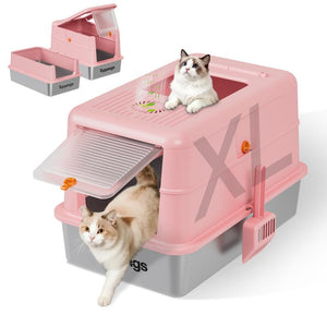 TOPYANGS XL Stainless Steel Cat Litter Box with Lid, 20L Metal Enclosed Litter Box for Big Cat, Flip-Top Design with Anti-Leakage High Sides, Large Cat Lovers Gifts, Pink