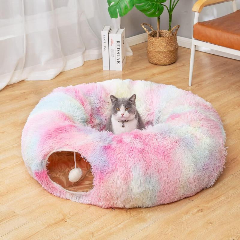 LUCKITTY Warm Fluffy Plush Cat Dog Tunnel Bed with Washable Cushion- Big Tube Playground Toys 3 FT Diameter Collapsible, for Indoor Cat Kitty Kitten Puppy Rabbit Ferret Leopard Print