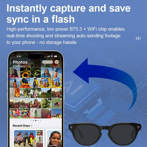 Smart Glasses with 8MP Camera, 1200P Video Recording Wearable Bluetooth Glasses, Lightweight Outdoor Sports Camera Sunglasses Supports Intelligent Image Recognition and Voice Assistant, Multifunctional Wireless Audio Eyewear Glasses Built-In Headphone