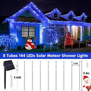 JMEXSUSS Solar Christmas Lights Outdoor Waterproof, Solar Meteor Shower Rain Lights, 8 Tube 144 Leds Solar Icicle Tree Lights for Yard Patio Xmas