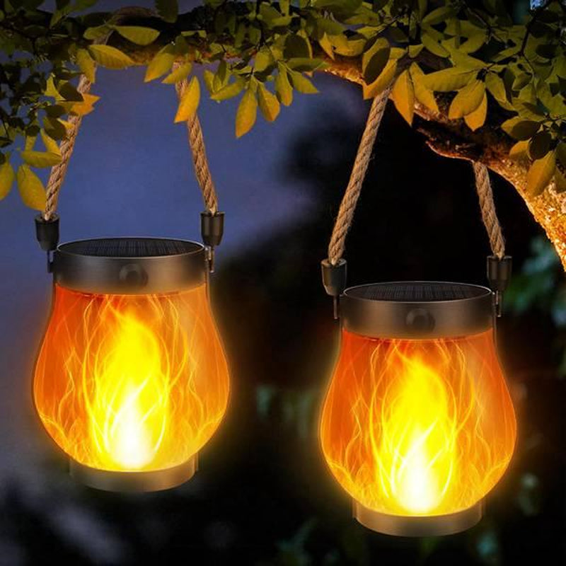 2 Pack Solar Lantern Flickering Flame Garden Lights with Dual USB and Solar Power Outdoor Waterproof Hanging Lamp