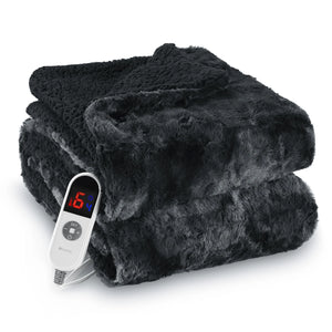 Electric Throw Blanket 50" X 60", Soft Faux Fur Heated Blanket with Large LED Display, 6 Heating Levels, 4 Hours Timer, Tie-Dye Black
