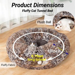LUCKITTY Warm Fluffy Plush Cat Dog Tunnel Bed with Washable Cushion- Big Tube Playground Toys 3 FT Diameter Collapsible, for Indoor Cat Kitty Kitten Puppy Rabbit Ferret Leopard Print