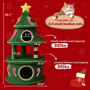 Comhoma 52" Christmas Cat Tree with 2 Cozy Houses,Indoor Modern Cat Tower with Anti-Tip Kit,Plush Perches & Hanging Balls,Holiday Cat Climbing Furniture for Kittens to Play and Sleep