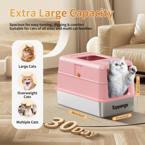 TOPYANGS XL Stainless Steel Cat Litter Box with Lid, 20L Metal Enclosed Litter Box for Big Cat, Flip-Top Design with Anti-Leakage High Sides, Large Cat Lovers Gifts, Pink