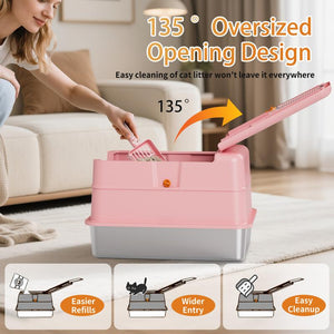 TOPYANGS XL Stainless Steel Cat Litter Box with Lid, 20L Metal Enclosed Litter Box for Big Cat, Flip-Top Design with Anti-Leakage High Sides, Large Cat Lovers Gifts, Pink