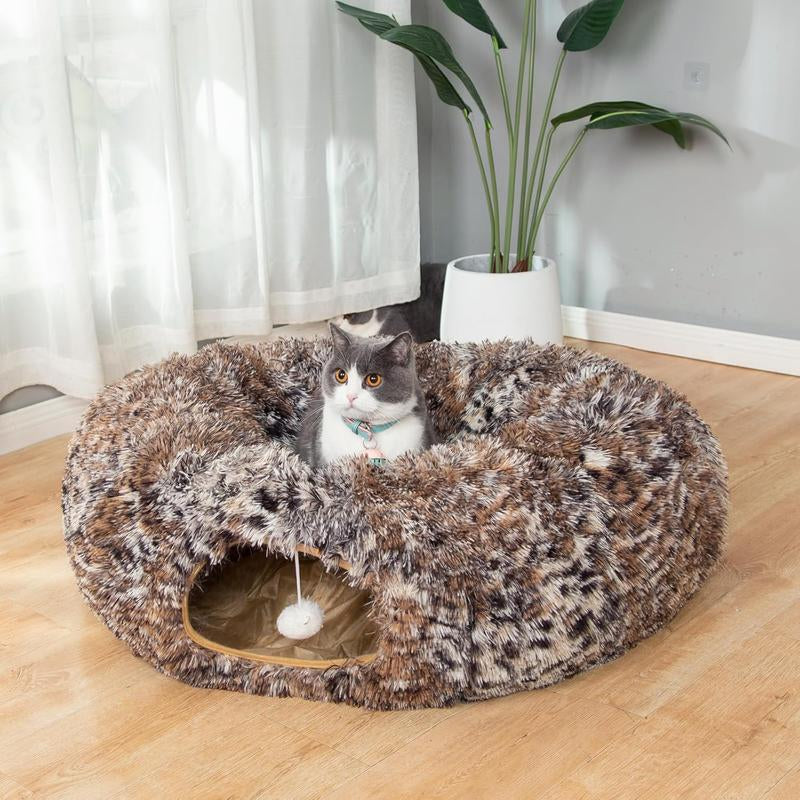 LUCKITTY Warm Fluffy Plush Cat Dog Tunnel Bed with Washable Cushion- Big Tube Playground Toys 3 FT Diameter Collapsible, for Indoor Cat Kitty Kitten Puppy Rabbit Ferret Leopard Print