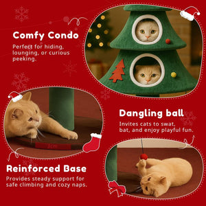 Comhoma 52" Christmas Cat Tree with 2 Cozy Houses,Indoor Modern Cat Tower with Anti-Tip Kit,Plush Perches & Hanging Balls,Holiday Cat Climbing Furniture for Kittens to Play and Sleep