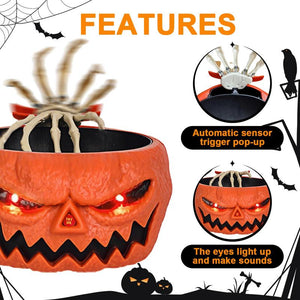 Halloween Scary Candy Bowl, Animated Pumpkin Candy Dish with Tricky Motion Activated Skeleton Hand, Prank Toys Lighted Red Eyes and Sound, Scary Decoration for Trick-Or-Treaters, Haunted House, Office or Party Perfect Gift Table