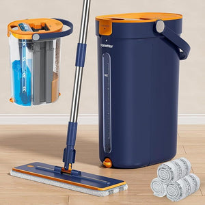 Homettler 3-Tank Self-Cleaning Mop Bucket Set, Self-Separating Dirty & Clean Water System,Hands-Free Spin Mop with 2 Microfiber Pads for Hardwood Floors, Wall & Corner Cleaning