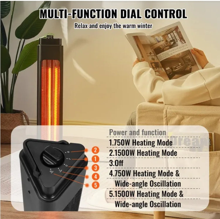 VEVOR Infrared Heater, 1500W Oscillation Electric Space Heater, Patio Heater W 2 Speeds  Timer, Outdoor Outdoor For Bedroom,Studio,Porch,Dining Room,Studio, Stand,31.5 In L, Black DUCA