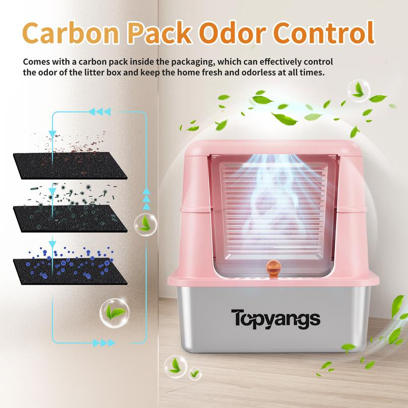 TOPYANGS XL Stainless Steel Cat Litter Box with Lid, 20L Metal Enclosed Litter Box for Big Cat, Flip-Top Design with Anti-Leakage High Sides, Large Cat Lovers Gifts, Pink