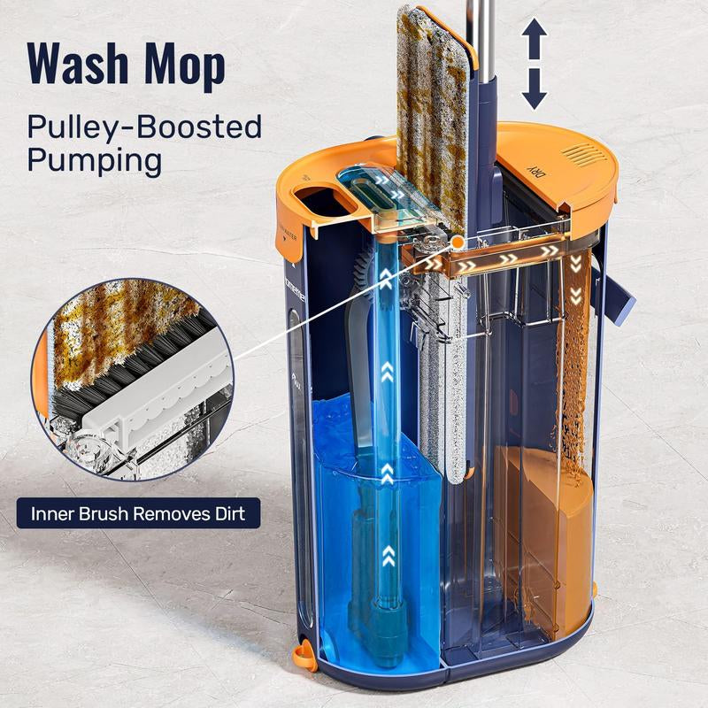 Homettler 3-Tank Self-Cleaning Mop Bucket Set, Self-Separating Dirty & Clean Water System,Hands-Free Spin Mop with 2 Microfiber Pads for Hardwood Floors, Wall & Corner Cleaning
