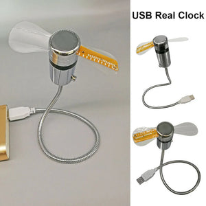 Portable Clock Fan RGB LED Night Light 5V USB Hand Fan Real Time Temperature Display Metal Mini Fan for PC Laptop Desktop Cooler