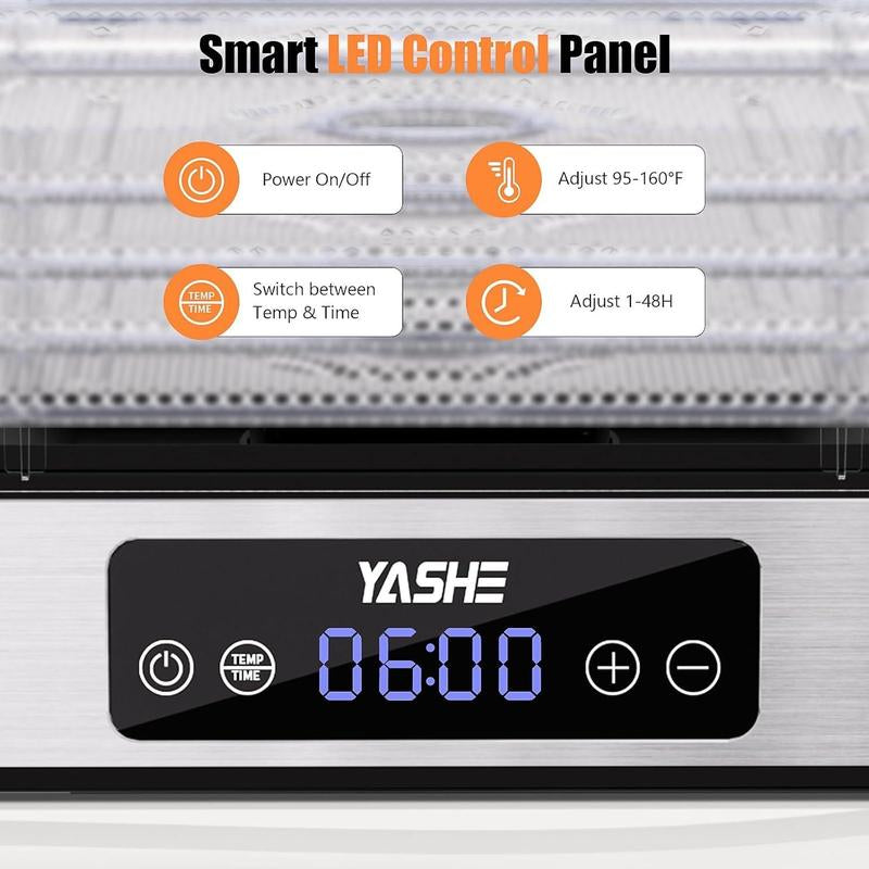 YASHE Food Dehydrator - 5 Trays with Smart Digital Control, 48H Timer & Energy Efficient Design | Perfect for Jerky, Fruit, Vegetables, Herbs & Dog Treats | Includes Recipe Book, Auto Shut-Off & Quiet Operation