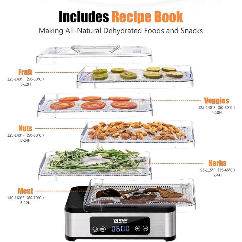 YASHE Food Dehydrator - 5 Trays with Smart Digital Control, 48H Timer & Energy Efficient Design | Perfect for Jerky, Fruit, Vegetables, Herbs & Dog Treats | Includes Recipe Book, Auto Shut-Off & Quiet Operation