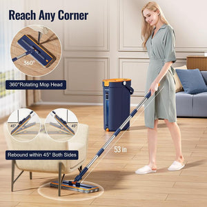 Homettler 3-Tank Self-Cleaning Mop Bucket Set, Self-Separating Dirty & Clean Water System,Hands-Free Spin Mop with 2 Microfiber Pads for Hardwood Floors, Wall & Corner Cleaning