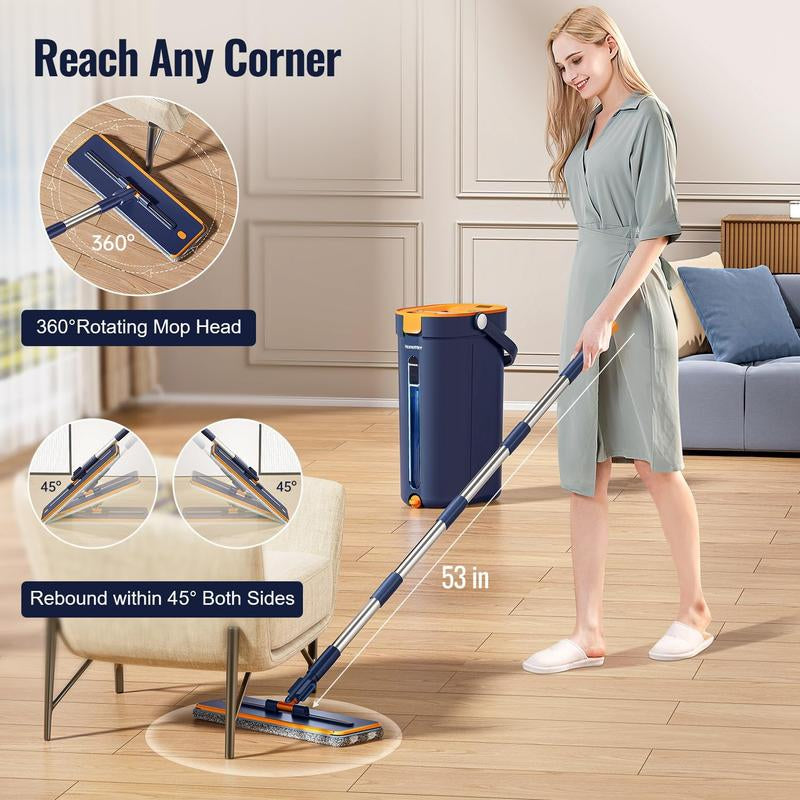 Homettler 3-Tank Self-Cleaning Mop Bucket Set, Self-Separating Dirty & Clean Water System,Hands-Free Spin Mop with 2 Microfiber Pads for Hardwood Floors, Wall & Corner Cleaning