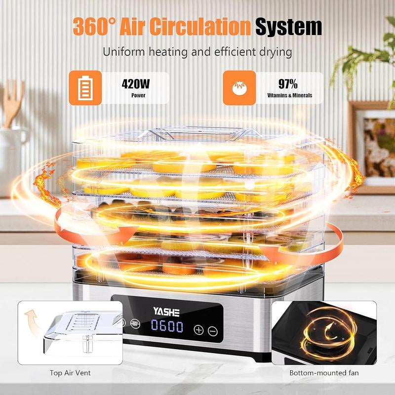 YASHE Food Dehydrator - 5 Trays with Smart Digital Control, 48H Timer & Energy Efficient Design | Perfect for Jerky, Fruit, Vegetables, Herbs & Dog Treats | Includes Recipe Book, Auto Shut-Off & Quiet Operation