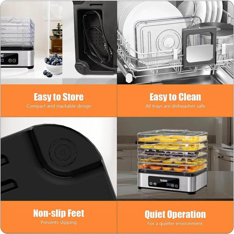 YASHE Food Dehydrator - 5 Trays with Smart Digital Control, 48H Timer & Energy Efficient Design | Perfect for Jerky, Fruit, Vegetables, Herbs & Dog Treats | Includes Recipe Book, Auto Shut-Off & Quiet Operation