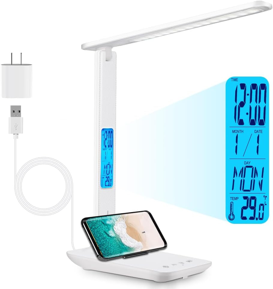 Multifunctional LED Desk Lamp with Wireless Charger,Usb Charging Port,Clock,Phone Holder,Desk Lamps for Home Office,Eye-Caring Reading Lamp,Study Lamp for Boys,Girls,Teens,Pink