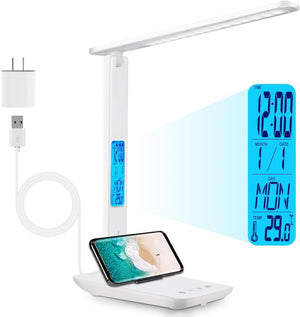 Multifunctional LED Desk Lamp with Wireless Charger,Usb Charging Port,Clock,Phone Holder,Desk Lamps for Home Office,Eye-Caring Reading Lamp,Study Lamp for Boys,Girls,Teens,Pink