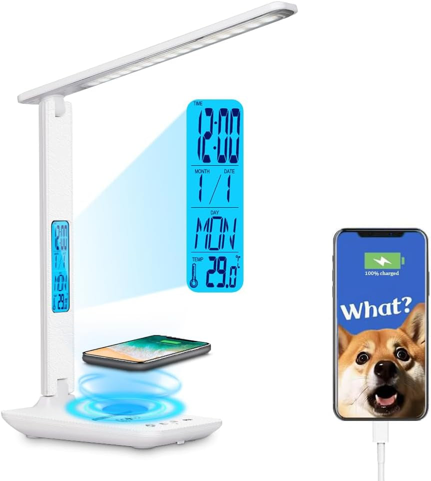 Multifunctional LED Desk Lamp with Wireless Charger,Usb Charging Port,Clock,Phone Holder,Desk Lamps for Home Office,Eye-Caring Reading Lamp,Study Lamp for Boys,Girls,Teens,Pink