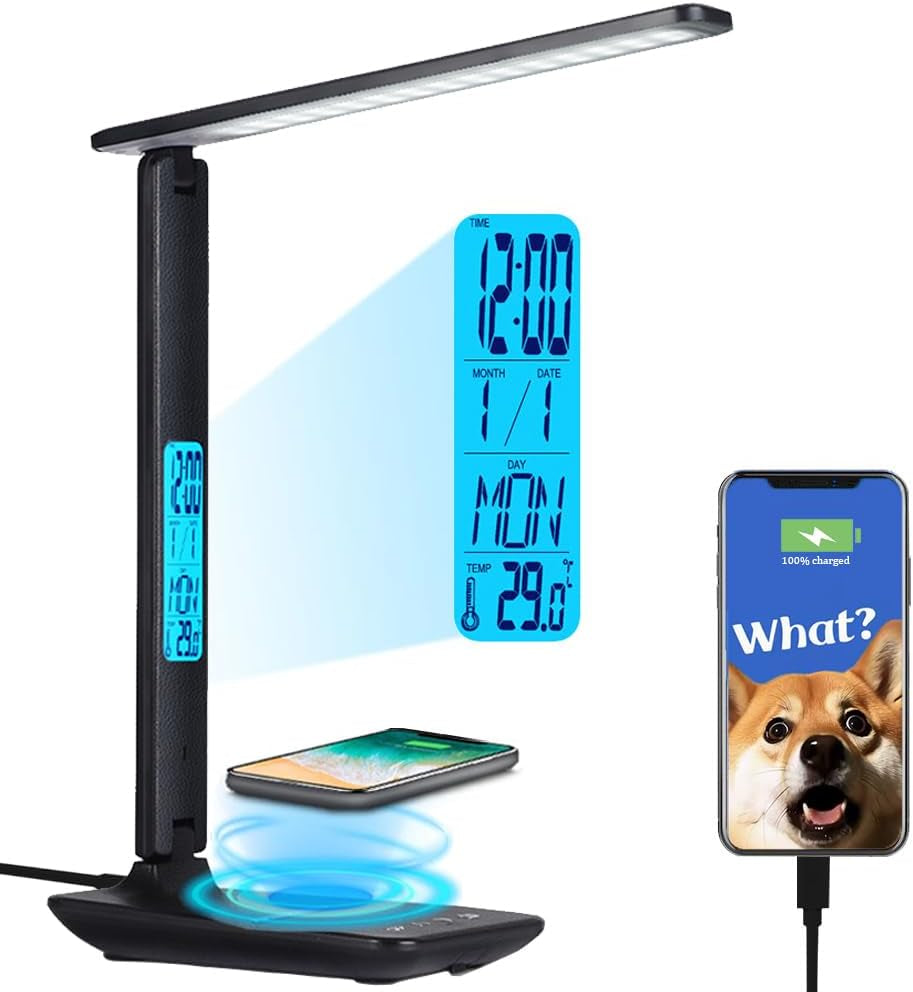 Multifunctional LED Desk Lamp with Wireless Charger,Usb Charging Port,Clock,Phone Holder,Desk Lamps for Home Office,Eye-Caring Reading Lamp,Study Lamp for Boys,Girls,Teens,Pink