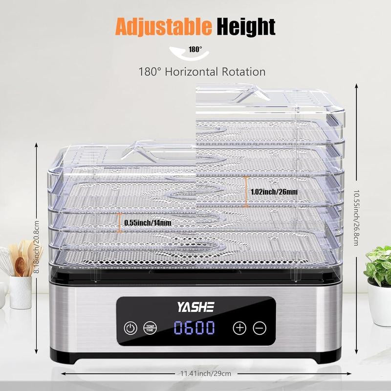 YASHE Food Dehydrator - 5 Trays with Smart Digital Control, 48H Timer & Energy Efficient Design | Perfect for Jerky, Fruit, Vegetables, Herbs & Dog Treats | Includes Recipe Book, Auto Shut-Off & Quiet Operation