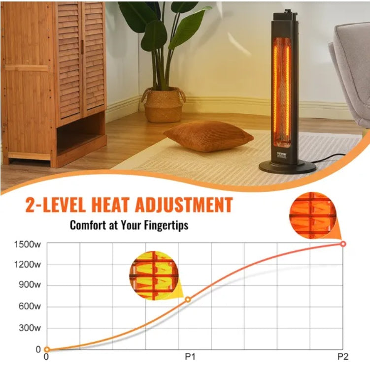 VEVOR Infrared Heater, 1500W Oscillation Electric Space Heater, Patio Heater W 2 Speeds  Timer, Outdoor Outdoor For Bedroom,Studio,Porch,Dining Room,Studio, Stand,31.5 In L, Black DUCA