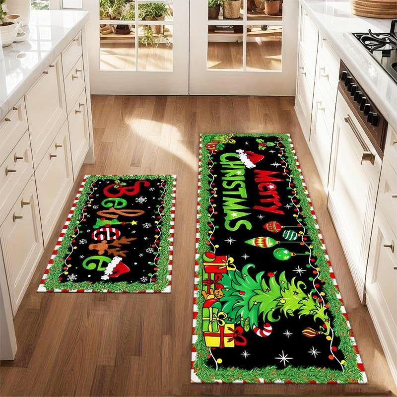 2Pcs Merry Christmas Christmas Tree Lights Floor Mat Set Farmhouse Kitchen Rug Dining Room Flooring Laundry Room Decor Carpet Mat Home Decor Rugs, Washable Rugs