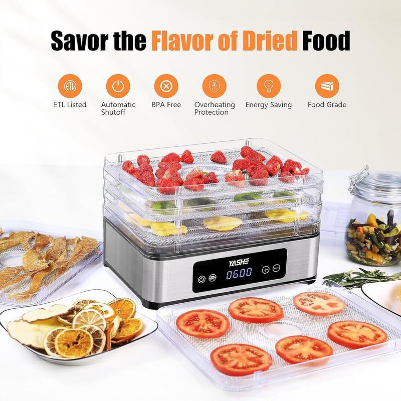 YASHE Food Dehydrator - 5 Trays with Smart Digital Control, 48H Timer & Energy Efficient Design | Perfect for Jerky, Fruit, Vegetables, Herbs & Dog Treats | Includes Recipe Book, Auto Shut-Off & Quiet Operation